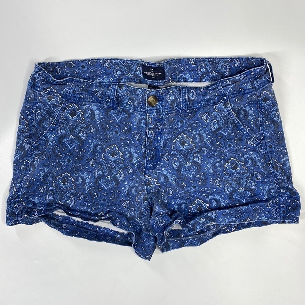 American Eagle Blue Paisley Stretch Shortie Shorts Size 14
